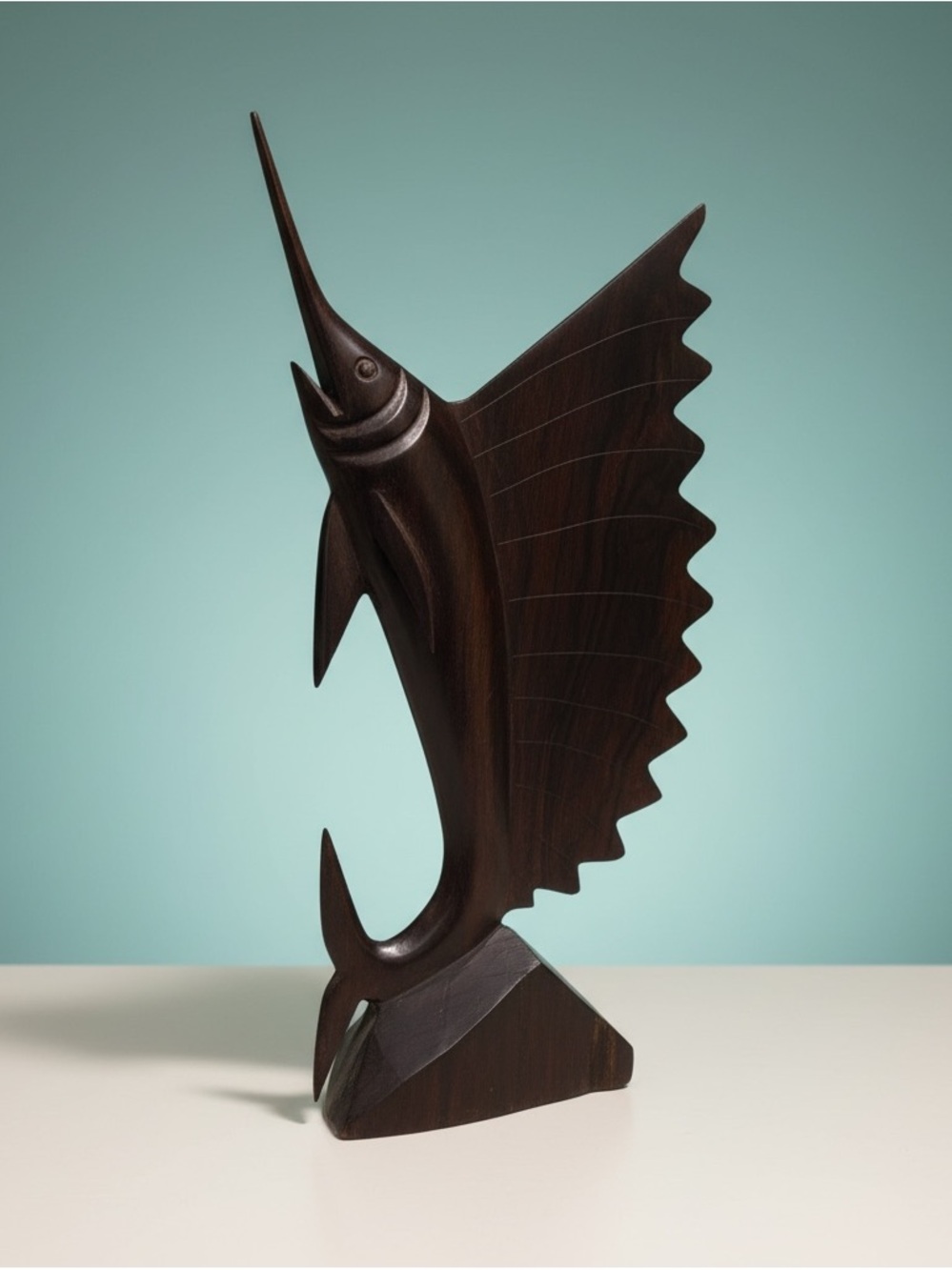 Vintage Ironwood Sailfish Fish Sculpture Raw Edge Base 16”